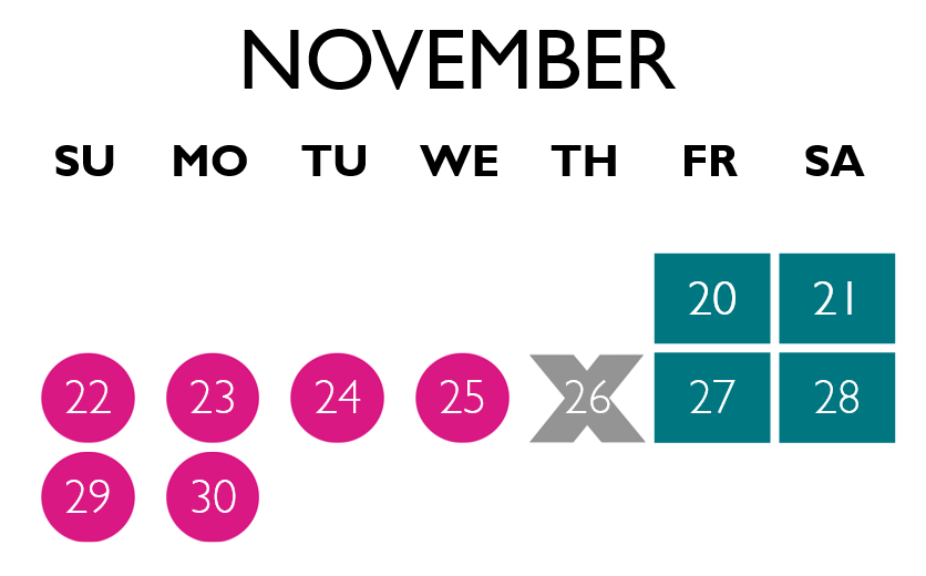 Phipps will be open until 11 p.m. on November 16, 22, 23, 29 and 30. Phipps will be open until 10 p.m. on November 17, 18, 19, 20, 21, 24, 25, 26 and 27. Phipps will be closed on November 28.