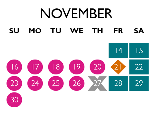 Phipps will be open until 11 p.m. on November 16, 22, 23, 29 and 30. Phipps will be open until 10 p.m. on November 17, 18, 19, 20, 21, 24, 25, 26 and 27. Phipps will be closed on November 28.