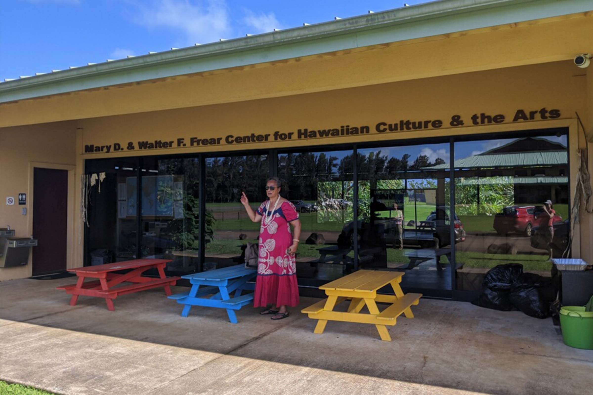 Sabra Kauaka outside the Frear Center for Hawaiian Culture and Arts